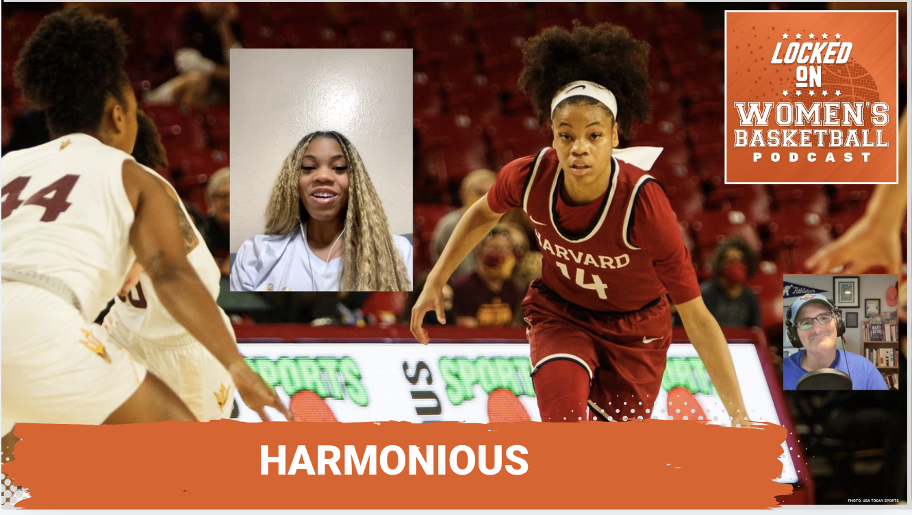 Graphic with photo of Harvard guard Harmoni Turner dibbling during a game while a defender approaches from the left. Locked On Women's Basketball logo at top right. Headshot of guest Harmoni Turner at center, headshot of host Howard Megdal at lower right. White text on orange background at lower center reads "Harmonious".